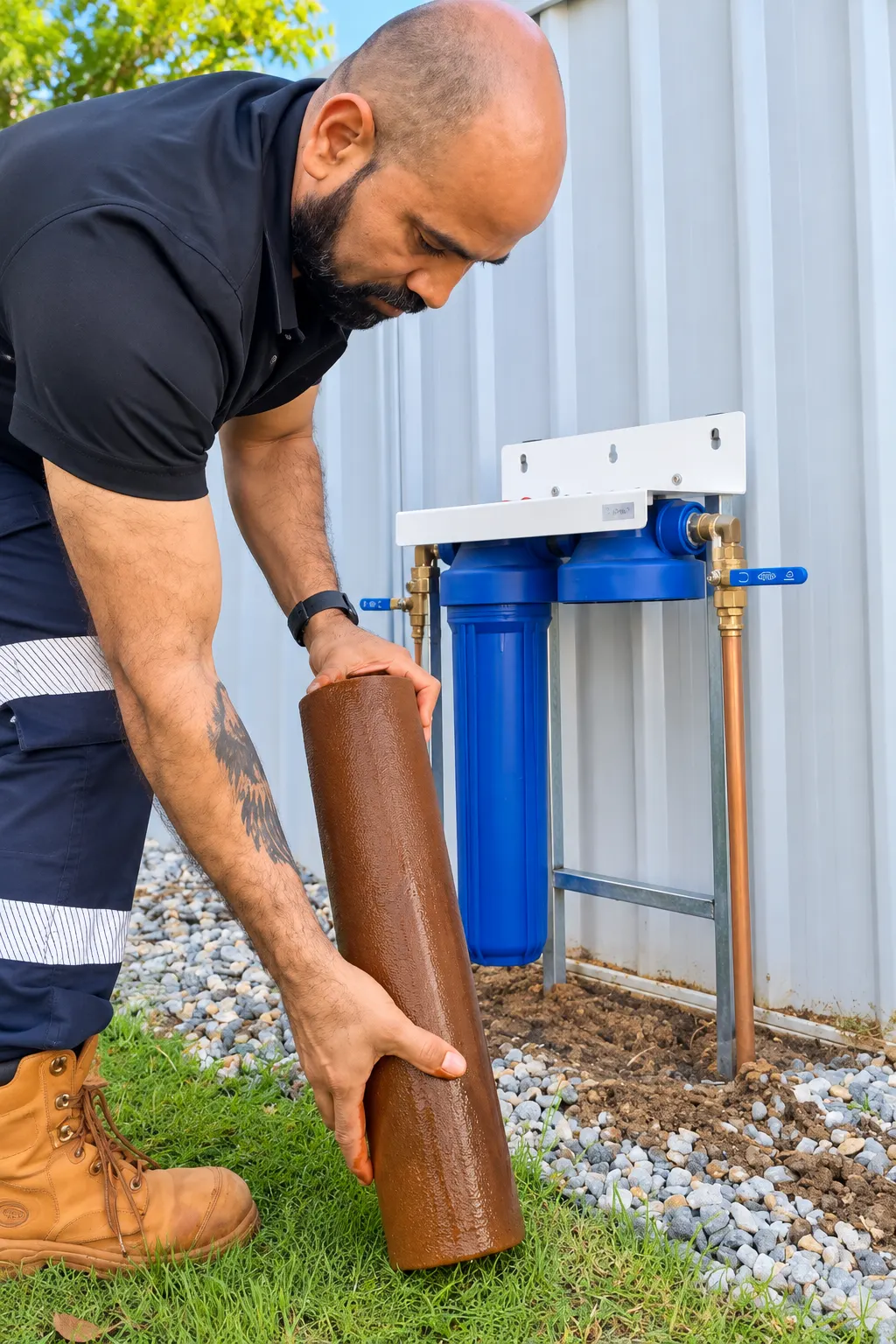 Illustration of a filter cartridge being serviced on a whole-home filtration system