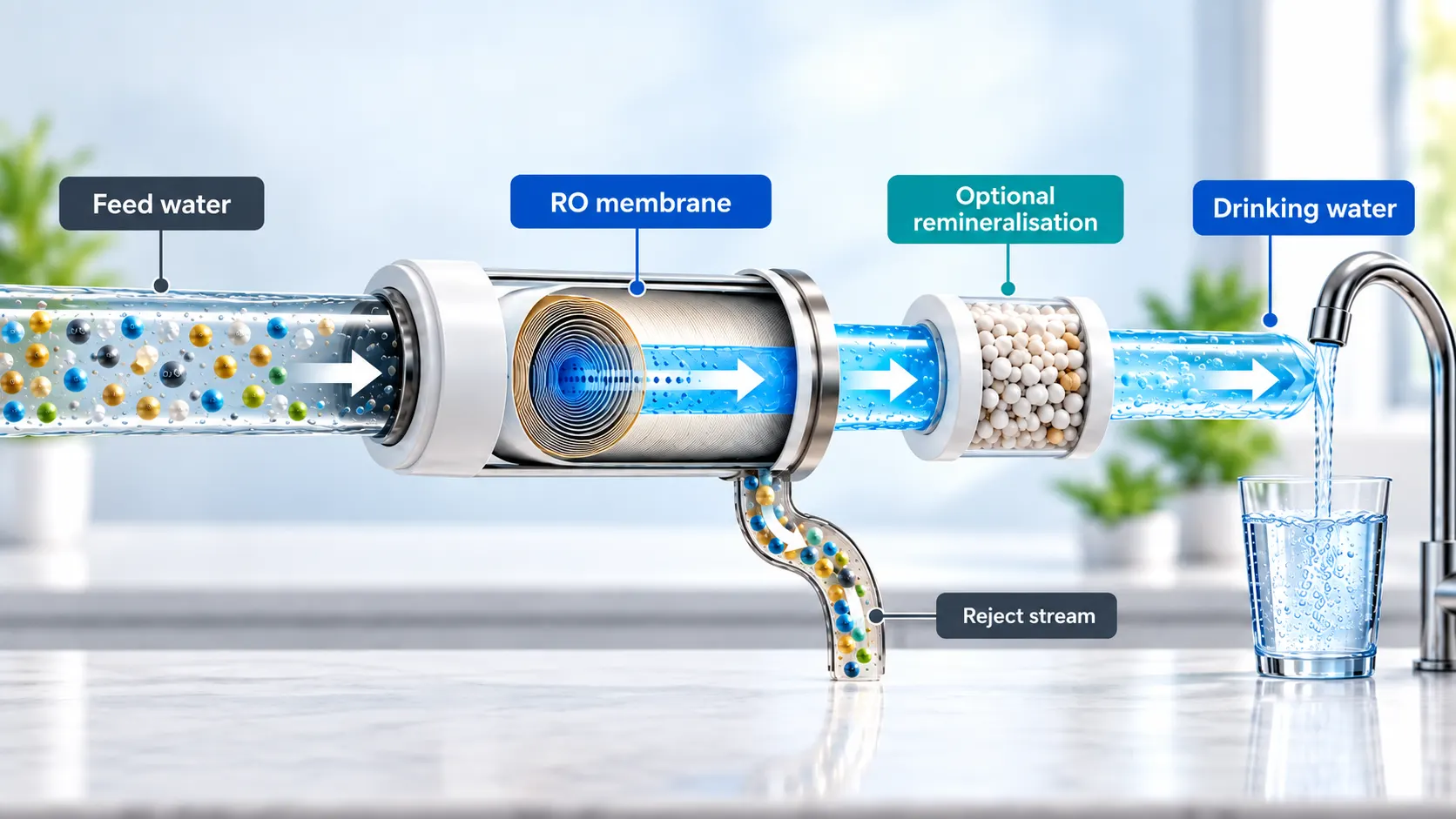 Reverse osmosis diagram showing a membrane, separate reject-water stream and optional remineralisation before the drinking-water tap