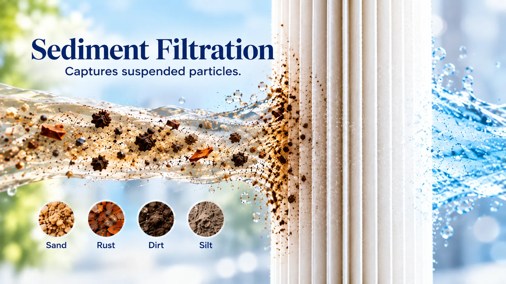 Diagram of a sediment filter capturing suspended particles such as sand, rust, dirt and silt